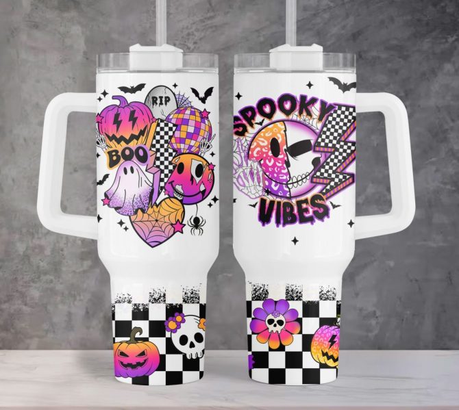 Halloween Retro Spooky Vibes Custom Stanley Quencher 40Oz Stainless Steel Tumbler With Handle