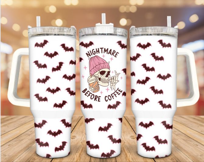 Halloween Skull And Bats Custom Stanley Quencher 40Oz Stainless Steel Tumbler With Handle