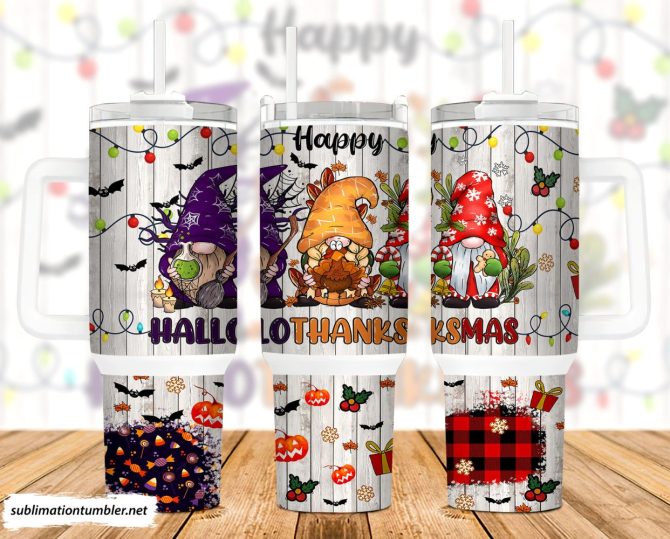 Happy Hallothanksmas Gnomes Custom Stanley Quencher 40Oz Stainless Steel Tumbler With Handle