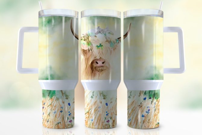Highland Cow Floral Custom Stanley Quencher 40Oz Stainless Steel Tumbler With Handle