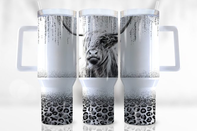 Highland Cow Leopard Print Custom Stanley Quencher 40Oz Stainless Steel Tumbler With Handle