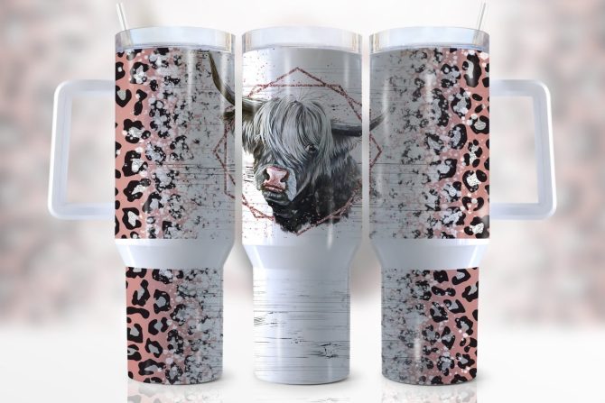 Highland Cow Leopard Print Custom Stanley Quencher 40Oz Stainless Steel Tumbler With Handle