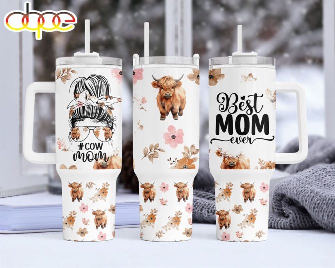 Highland Cow Mom Custom Stanley Quencher 40Oz Stainless Steel Tumbler With Handle