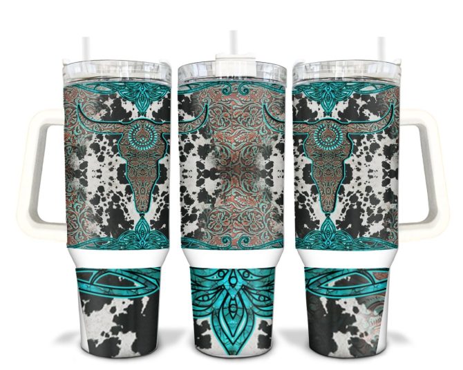 Highland Cow Skull Custom Stanley Quencher 40Oz Stainless Steel Tumbler With Handle