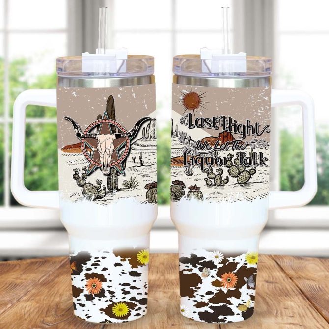 Highland Cow Skull Western Dessert Custom Stanley Quencher 40Oz Stainless Steel Tumbler With Handle