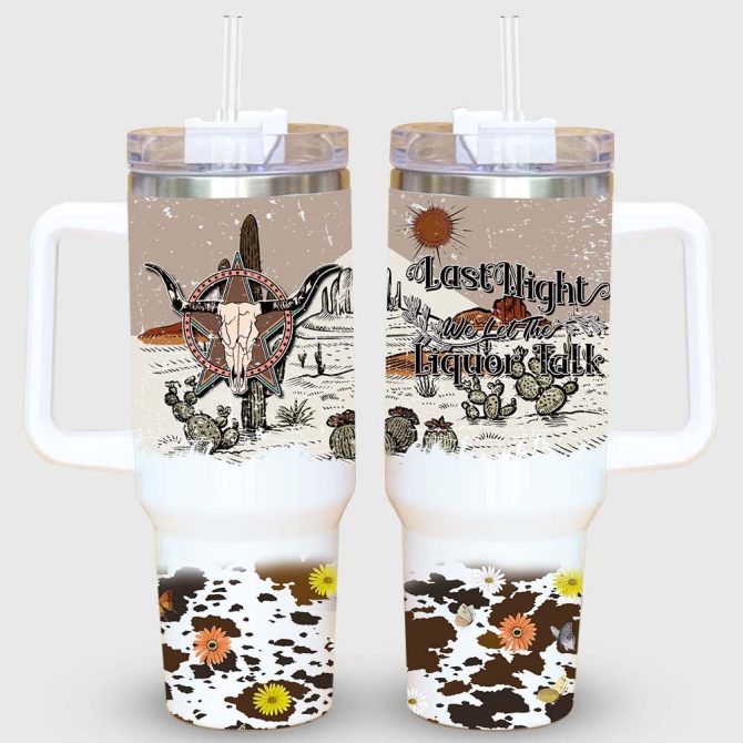 Highland Cow Skull Western Dessert Custom Stanley Quencher 40Oz Stainless Steel Tumbler With Handle - Image 2