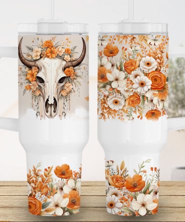 Highland Cow Skull White And Orange Flowers Custom Stanley Quencher 40Oz Stainless Steel Tumbler With Handle