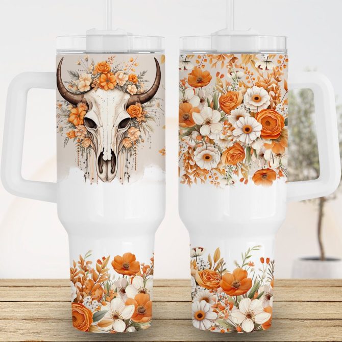 Highland Cow Skull White And Orange Flowers Custom Stanley Quencher 40Oz Stainless Steel Tumbler With Handle