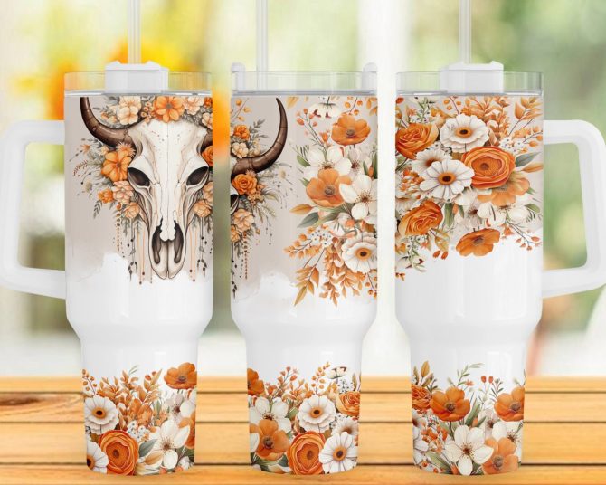 Highland Cow Skull White And Orange Flowers Custom Stanley Quencher 40Oz Stainless Steel Tumbler With Handle - Image 2