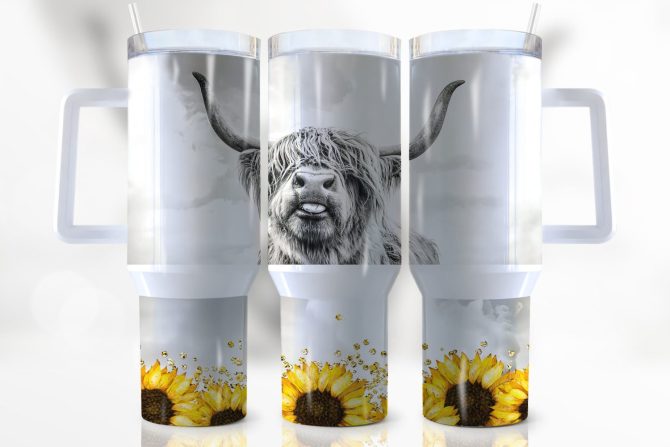 Highland Cow Sunflower Custom Stanley Quencher 40Oz Stainless Steel Tumbler With Handle