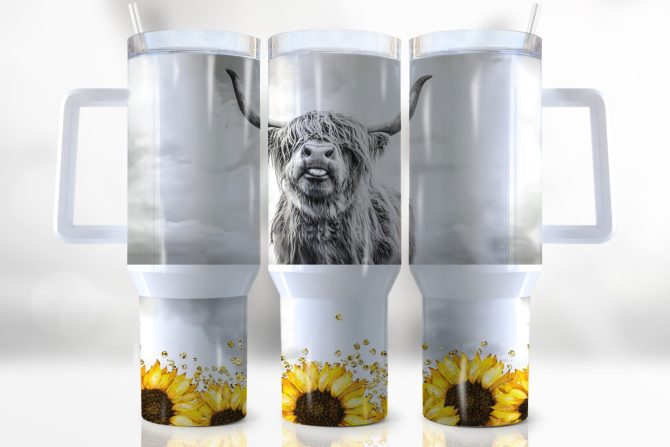 Highland Cow Sunflower Custom Stanley Quencher 40Oz Stainless Steel Tumbler With Handle