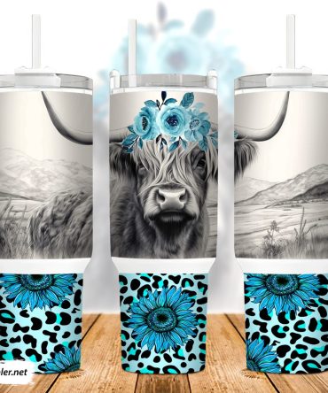 Highland Cow Teal Sunflower Custom Stanley Quencher 40Oz Stainless Steel Tumbler With Handle