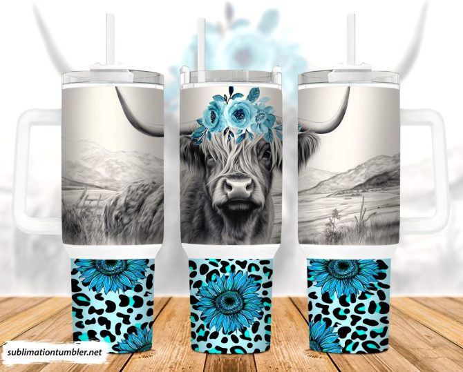 Highland Cow Teal Sunflower Custom Stanley Quencher 40Oz Stainless Steel Tumbler With Handle