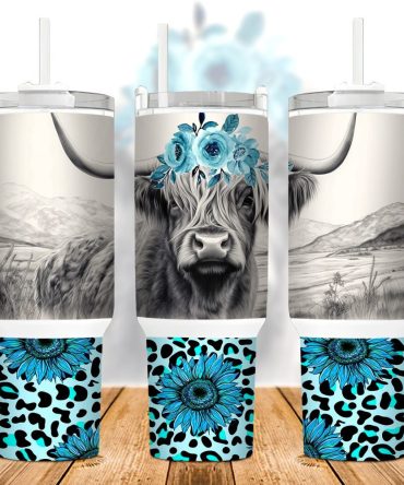 Highland Cow Teal Sunflower Custom Stanley Quencher 40Oz Stainless Steel Tumbler With Handle