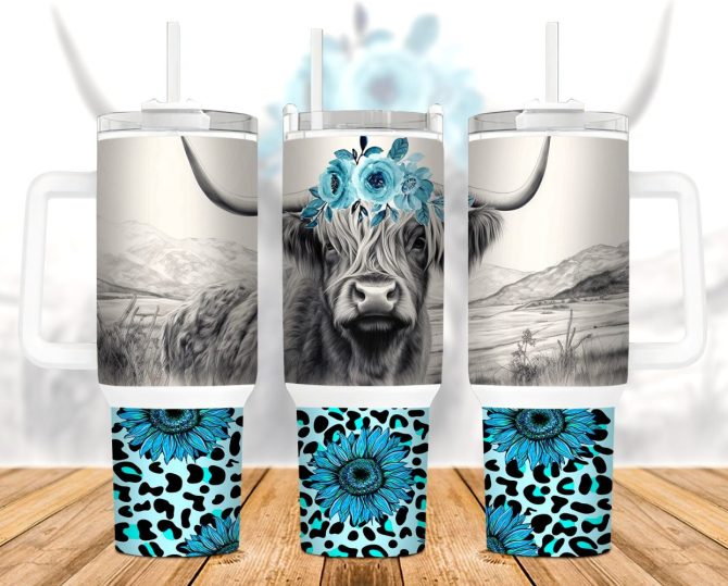 Highland Cow Teal Sunflower Custom Stanley Quencher 40Oz Stainless Steel Tumbler With Handle