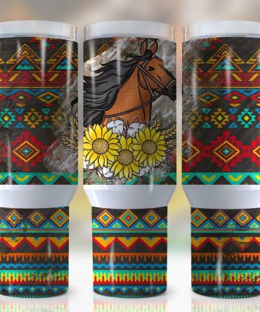 Horse Aztec Print Custom Stanley Quencher 40Oz Stainless Steel Tumbler With Handle