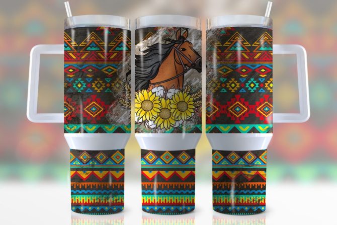 Horse Aztec Print Custom Stanley Quencher 40Oz Stainless Steel Tumbler With Handle