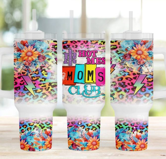 Hot Mess Moms Club Floral Leopard Print Custom Stanley Quencher 40Oz Stainless Steel Tumbler With Handle