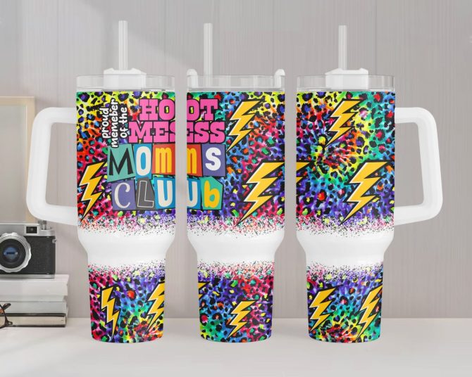 Hot Mess Moms Club Leopard Print Custom Stanley Quencher 40Oz Stainless Steel Tumbler With Handle - Image 2