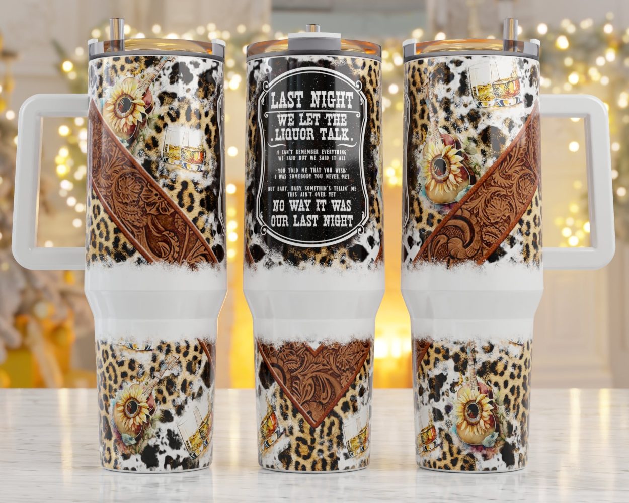 Leopard Sunflowers Custom Stanley Quencher 40Oz Stainless Steel Tumbler With Handle