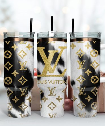 Louis Vuitton Glitter Lv Logo Cowhide Custom Stanley Quencher 40Oz Stainless Steel Tumbler With Handle