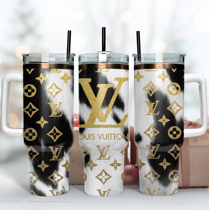 Louis Vuitton Glitter Lv Logo Cowhide Custom Stanley Quencher 40Oz Stainless Steel Tumbler With Handle