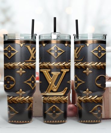 Louis Vuitton Lv Black And Gold 3D Logo Custom Stanley Quencher 40Oz Stainless Steel Tumbler With Handle
