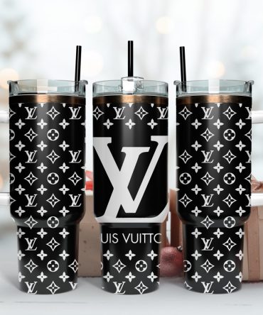 Louis Vuitton Lv Black And White Logo Custom Stanley Quencher 40Oz Stainless Steel Tumbler With Handle