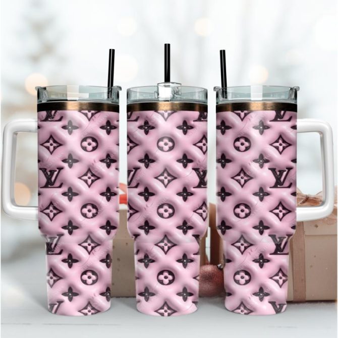 Louis Vuitton Lv Pink 3D Logo Custom Stanley Quencher 40Oz Stainless Steel Tumbler With Handle