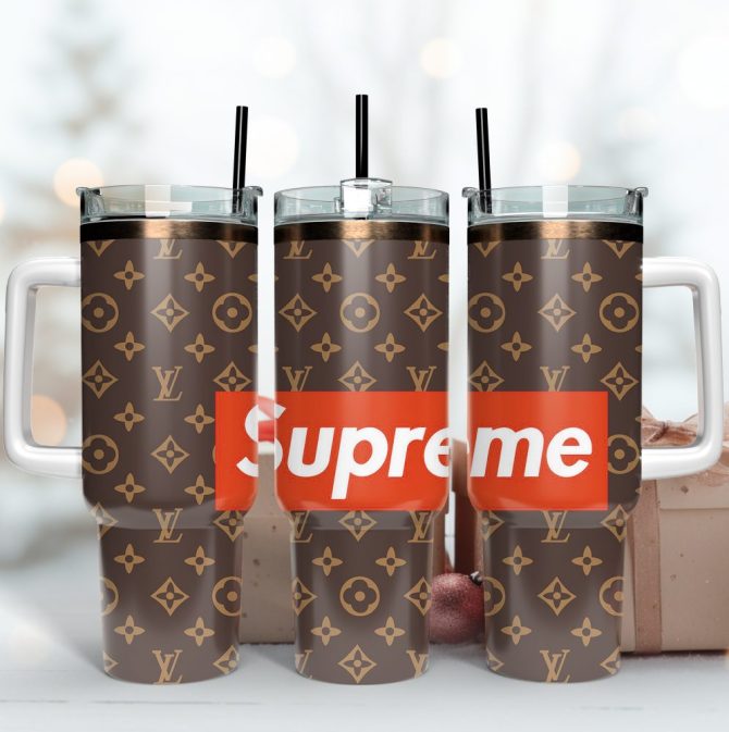 Lv X Supreme Logo Custom Stanley Quencher 40Oz Stainless Steel Tumbler With Handle