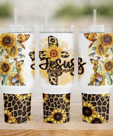 Mama Christian Cross Sunflower Leopard Print Custom Stanley Quencher 40Oz Stainless Steel Tumbler With Handle