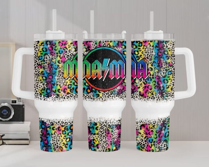 Mama Colorful Leopard Print Custom Stanley Quencher 40Oz Stainless Steel Tumbler With Handle - Image 2