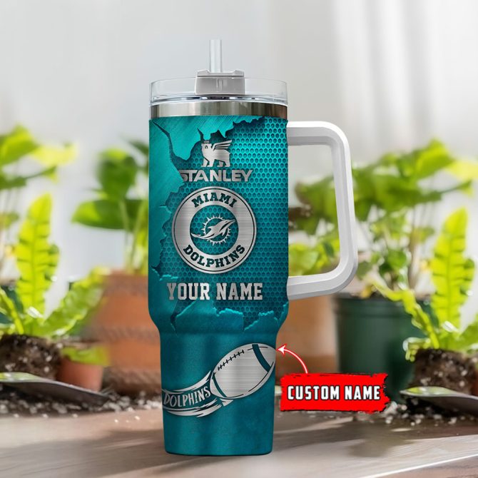 Miami Dolphins Nfl Metal Style Custom Stanley Quencher 40Oz Stainless Steel Tumbler With Handle - Image 2