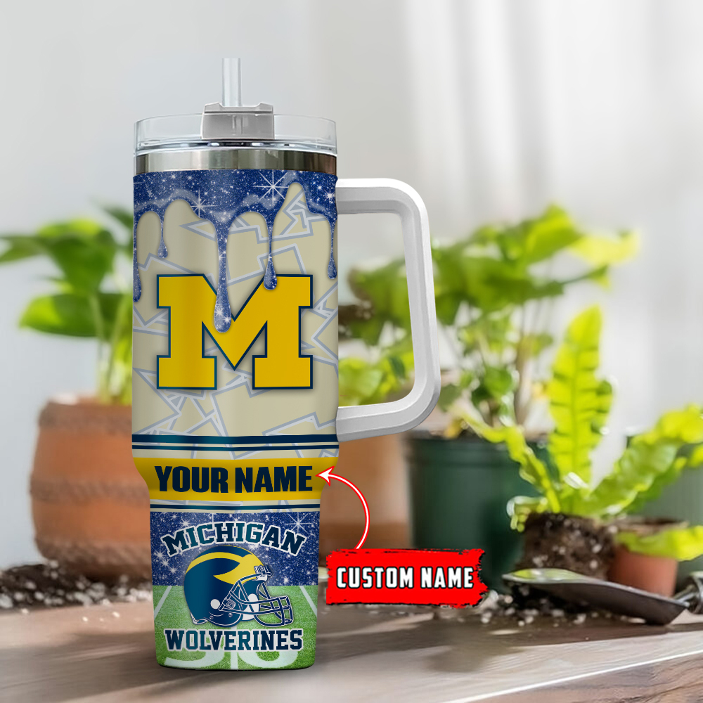 Michigan Wolverines Ncaa Glitter Custom Stanley Quencher 40Oz Stainless Steel Tumbler With Handle