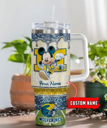 Michigan Wolverines Ncaa Mickey Mouse Glitter Custom Stanley Quencher 40Oz Stainless Steel Tumbler With Handle