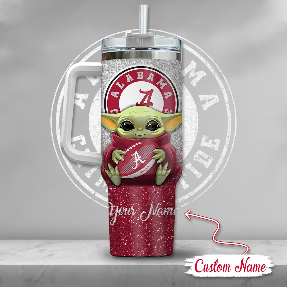 Ncaa Alabama Crimson Tide Baby Yoda Custom Stanley Quencher 40Oz Stainless Steel Tumbler With Handle - Image 3