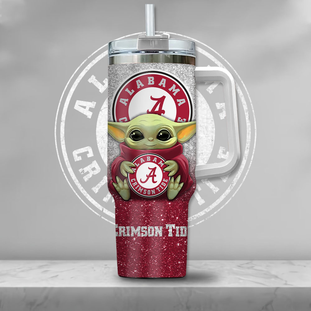 Ncaa Alabama Crimson Tide Baby Yoda Custom Stanley Quencher 40Oz Stainless Steel Tumbler With Handle - Image 2