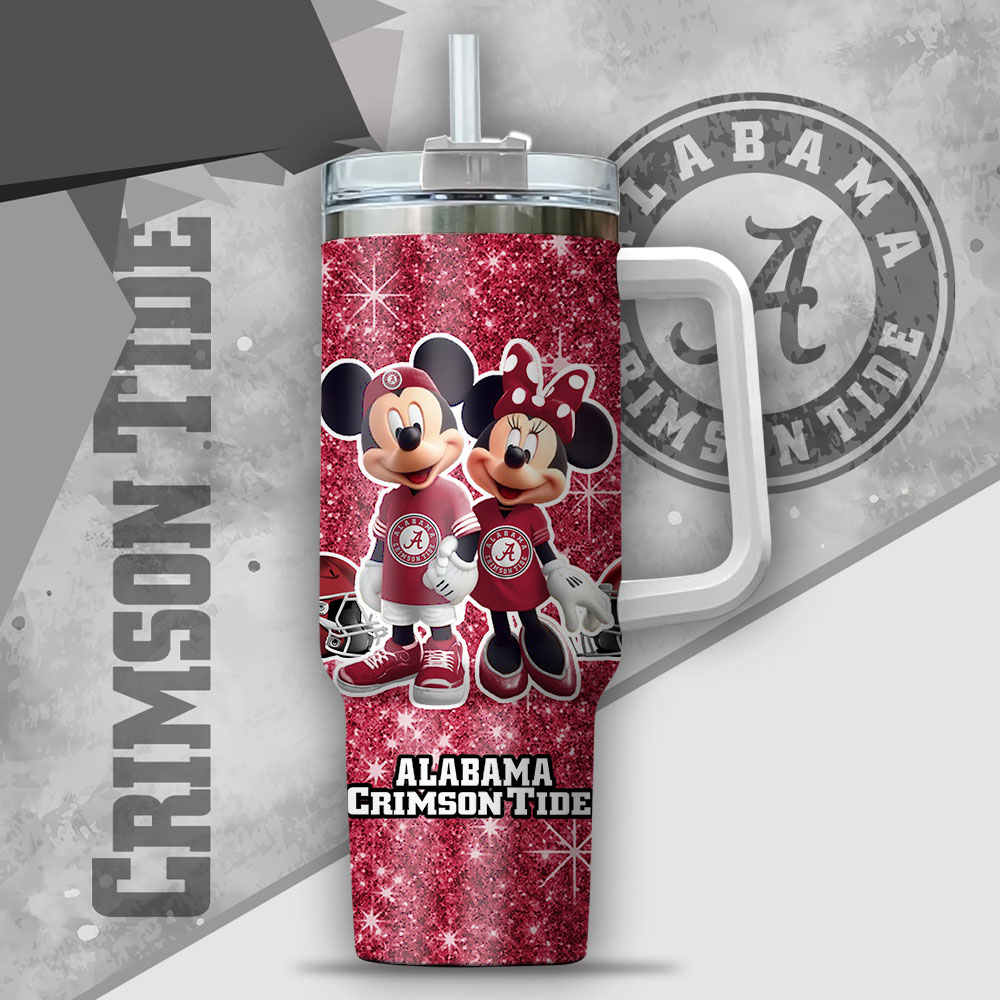 Ncaa Alabama Crimson Tide Mickey And Minnie Couple Custom Stanley Quencher 40Oz Stainless Steel Tumbler With Handle - Image 2