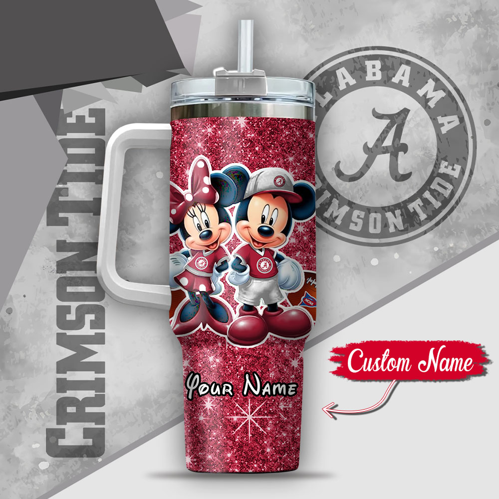 Ncaa Alabama Crimson Tide Mickey And Minnie Couple Custom Stanley Quencher 40Oz Stainless Steel Tumbler With Handle - Image 3