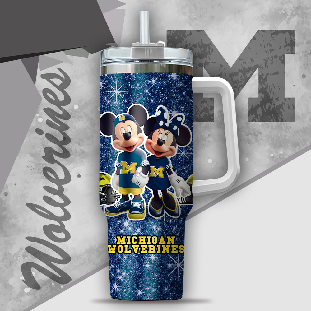 Ncaa Michigan Wolverines Mickey And Minnie Couple Custom Stanley Quencher 40Oz Stainless Steel Tumbler With Handle - Image 2