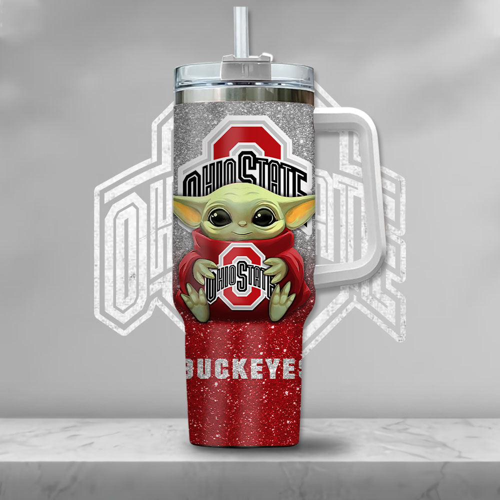 Ncaa Ohio State Buckeyes Baby Yoda Custom Stanley Quencher 40Oz Stainless Steel Tumbler With Handle - Image 2