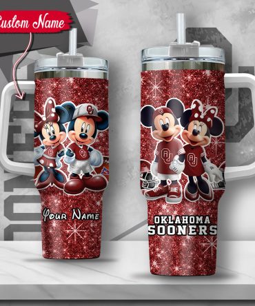 Ncaa Oklahoma Sooners Mickey And Minnie Couple Custom Stanley Quencher 40Oz Stainless Steel Tumbler With Handle