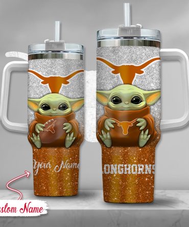 Ncaa Texas Longhorns Baby Yoda Custom Stanley Quencher 40Oz Stainless Steel Tumbler With Handle
