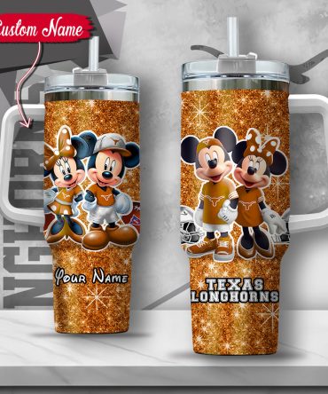 Ncaa Texas Longhorns Mickey And Minnie Couple Custom Stanley Quencher 40Oz Stainless Steel Tumbler With Handle