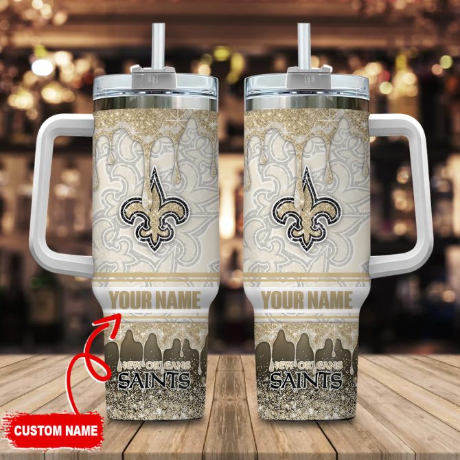 New Orleans Saints Nfl Glitter Custom Stanley Quencher 40Oz Stainless Steel Tumbler With Handle
