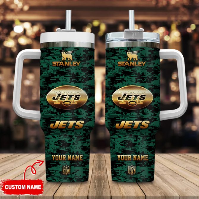 New York Jets Nfl Camouflage Golden Logo Custom Stanley Quencher 40Oz Stainless Steel Tumbler With Handle