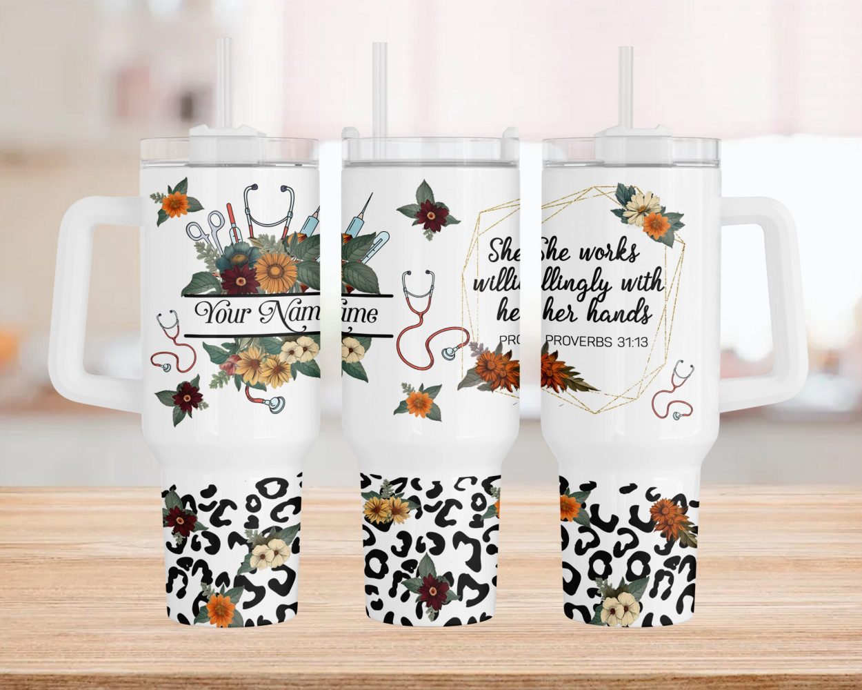 Nurse Floral Leopard Print Custom Stanley Quencher 40Oz Stainless Steel Tumbler With Handle - Image 2