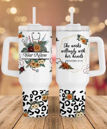 Nurse Floral Leopard Print Custom Stanley Quencher 40Oz Stainless Steel Tumbler With Handle