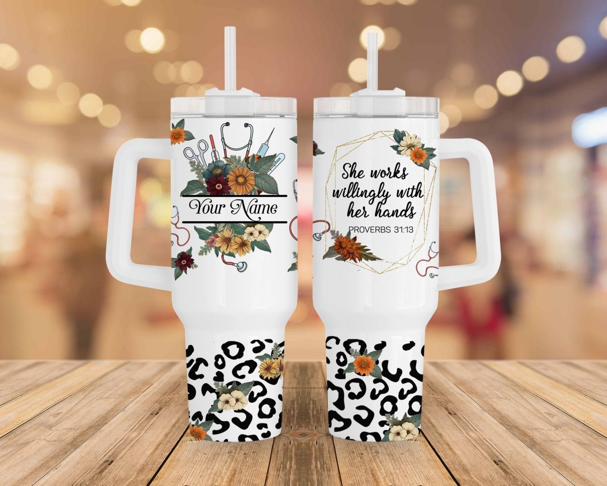 Nurse Floral Leopard Print Custom Stanley Quencher 40Oz Stainless Steel Tumbler With Handle