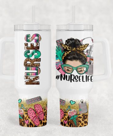 Nurse Life Glitter Leopard Print Custom Stanley Quencher 40Oz Stainless Steel Tumbler With Handle